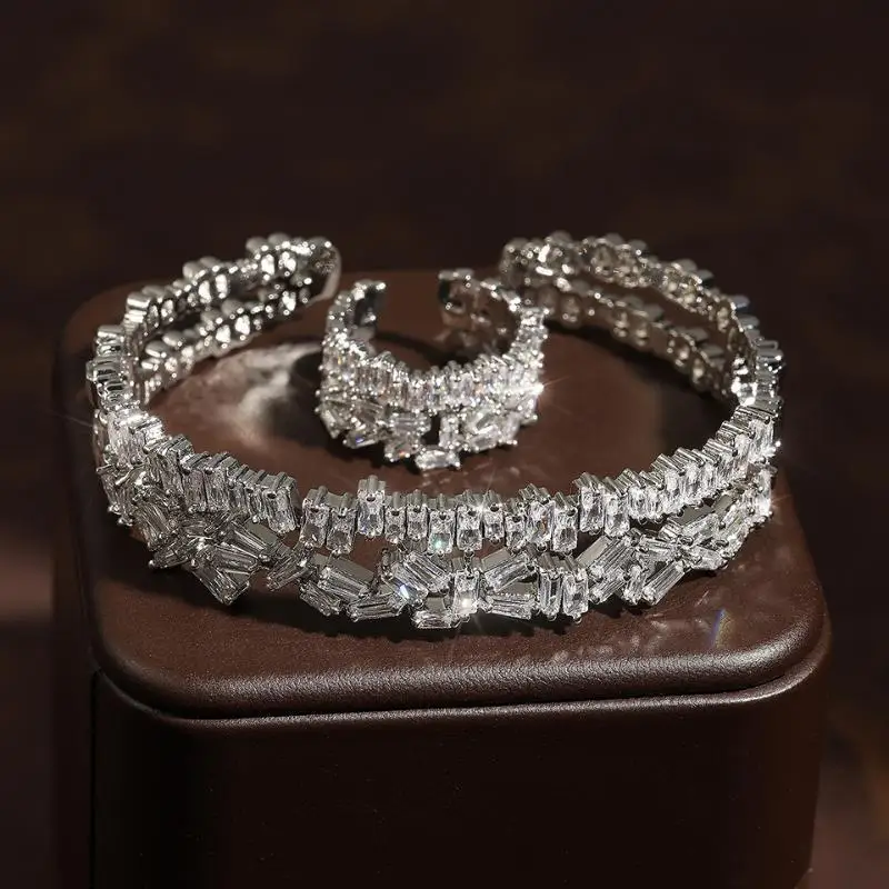 

RAKOL Brand Silver Color Jewelry Set Classic Shiny AAA Cubic Zirconia Ring Bangles Luxury Dubai Saudi Wedding Jewelry
