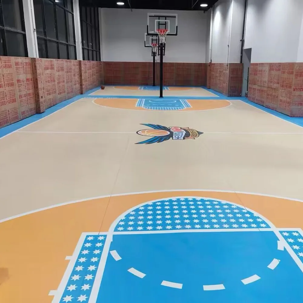 Beable 4.5mm 6.0mm Indoor Wood Grain PVC Sports Floor Basketball Court Flooring With White Lines LOGO