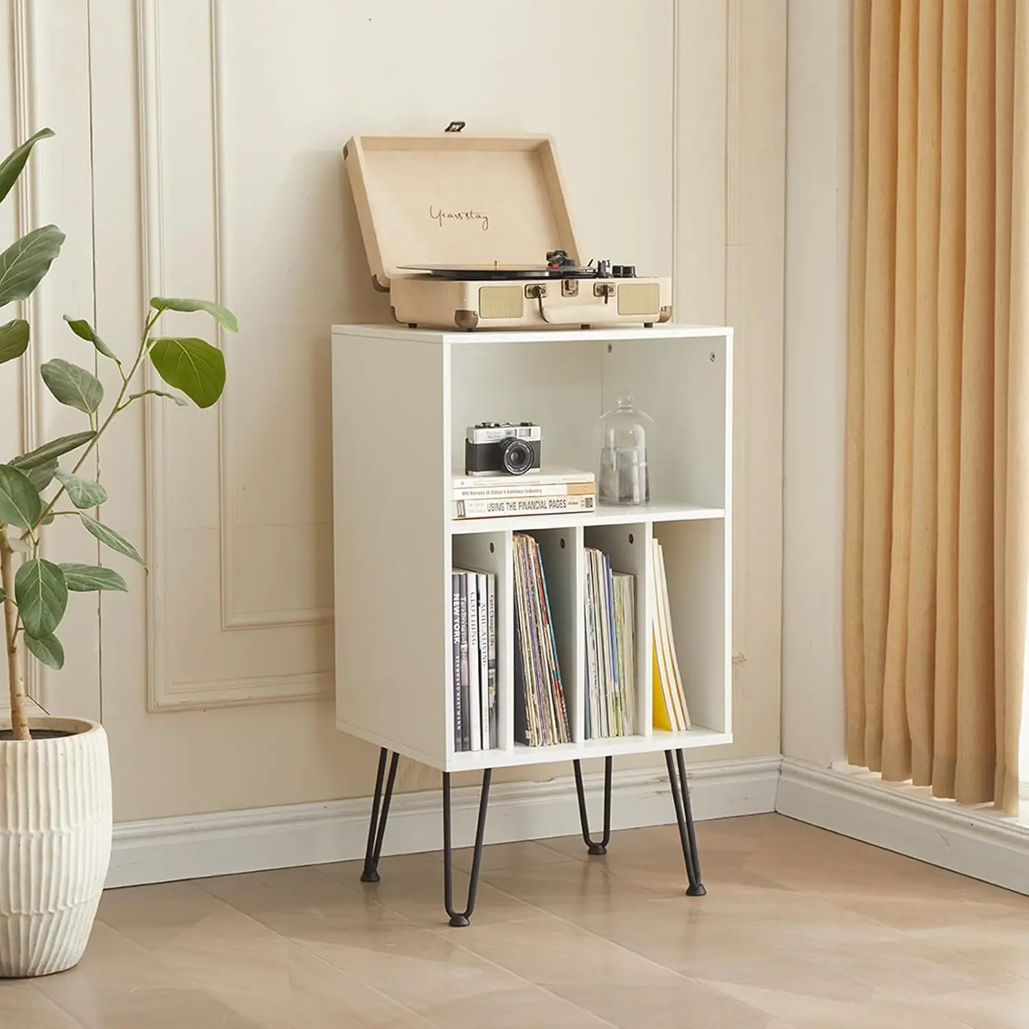 Record Player Stand With Vinyl Storage, Cabinet Holds Up To 150 Albums, End Table For Turntable, Living Room, White