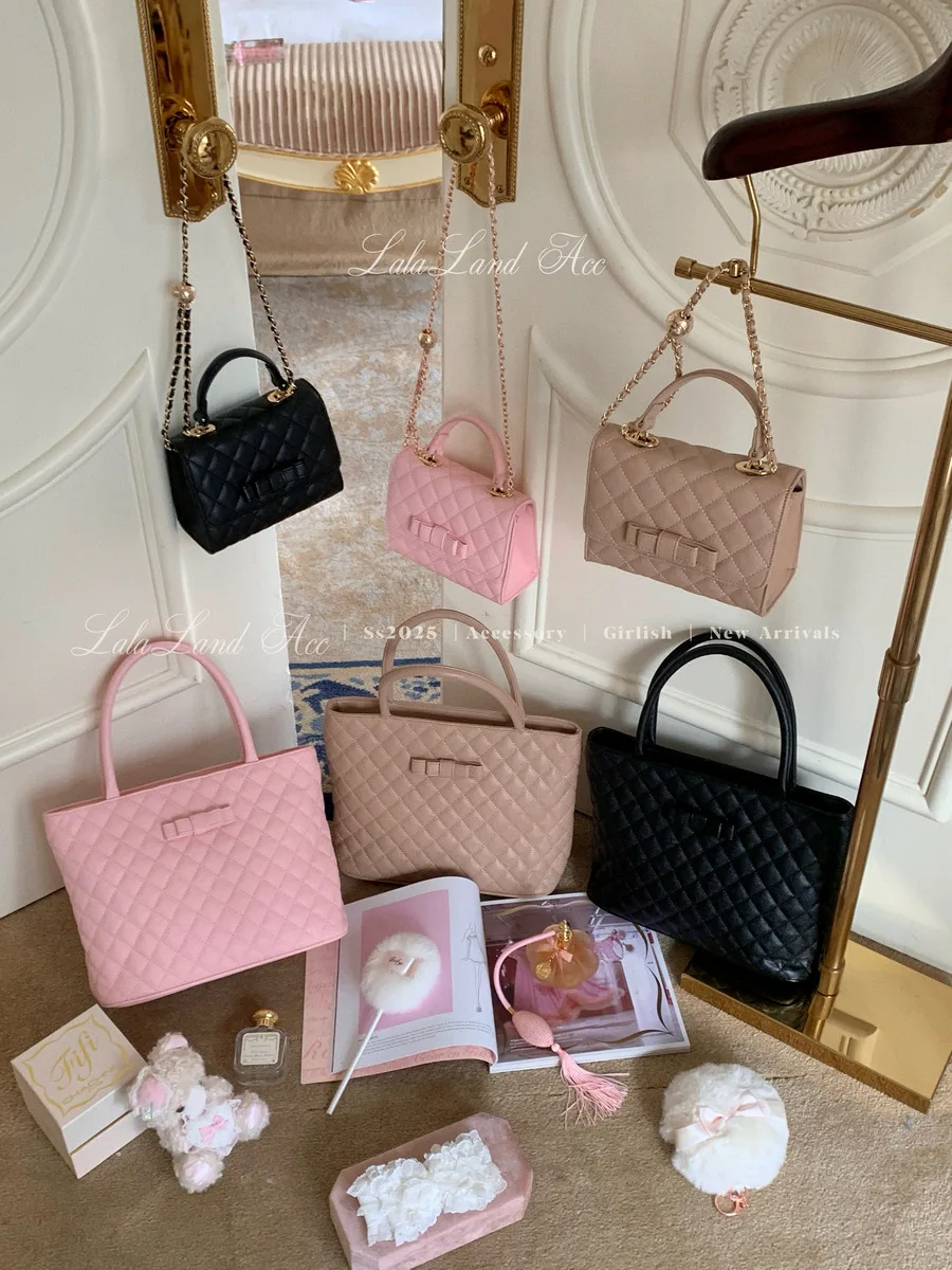 

Japanese Original Girl Retro Diamond Tote Bags Sweet Lolita Bow Sweet College Style Portable Messenger Bag for Women