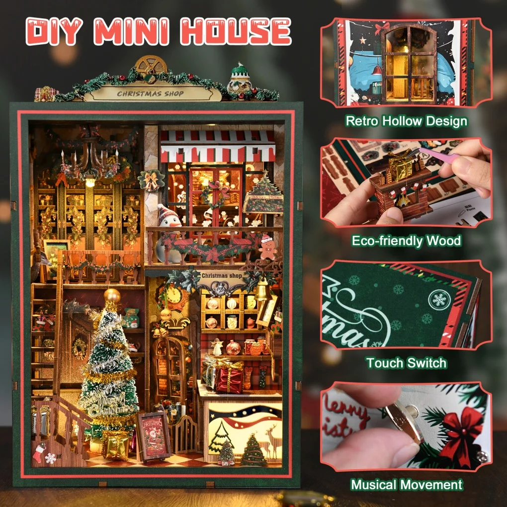 خشبية DIY صغيرة عيد الميلاد متجر كتاب الزاوية التماثيل المنمنمات غلاف الكتب اليدوية لهدايا عيد الميلاد ديكور المنزل