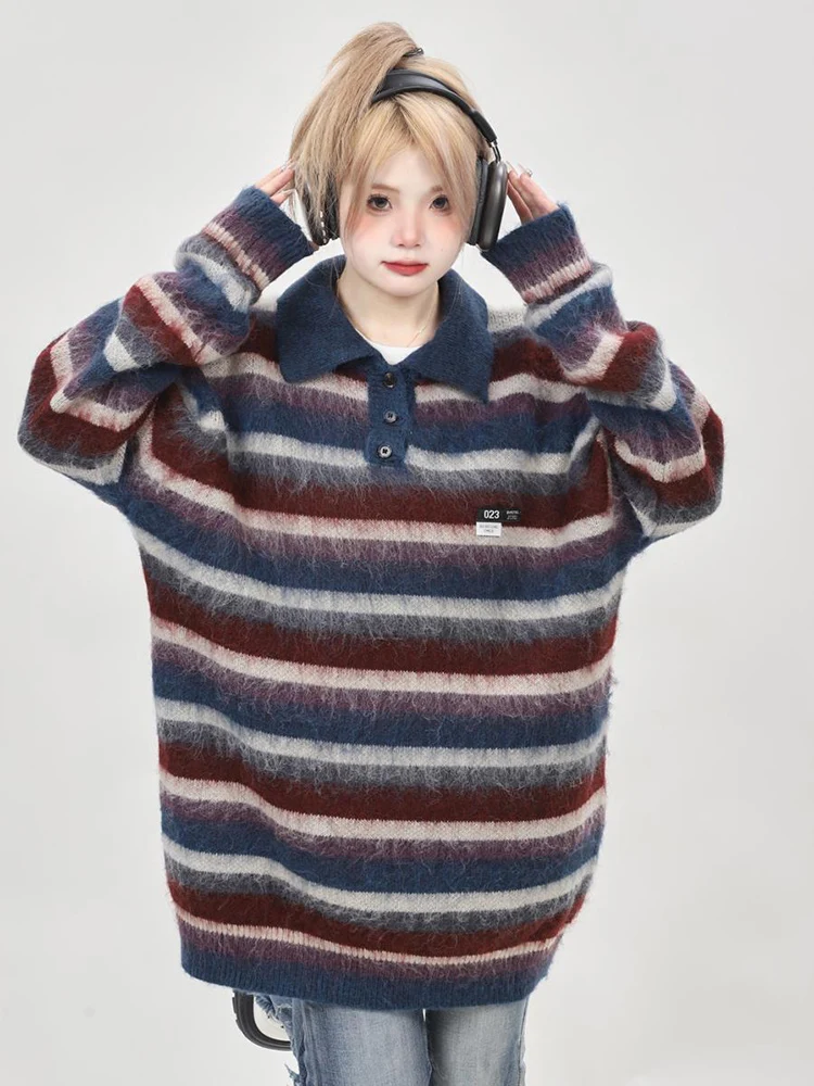 

Jmprs Harajuku Bf Retro Striped Sweater Oversize Streetwear Y2K Knitted Jumper Vintage Japan Long Sleeve Loose Design Casual Top