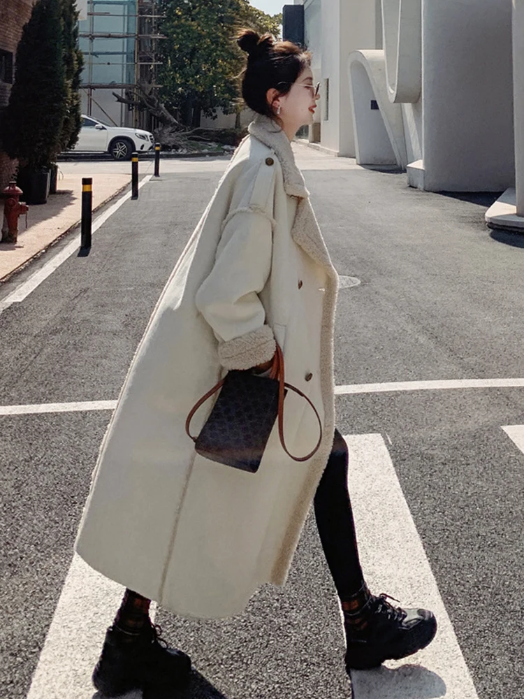 LANMREM Fashion Thicken Wram Lamb Wool Overcoat Women Lapel Long Sleeve Pockets Mid Length Coat 2024 New Spring Autumn 2Q1411