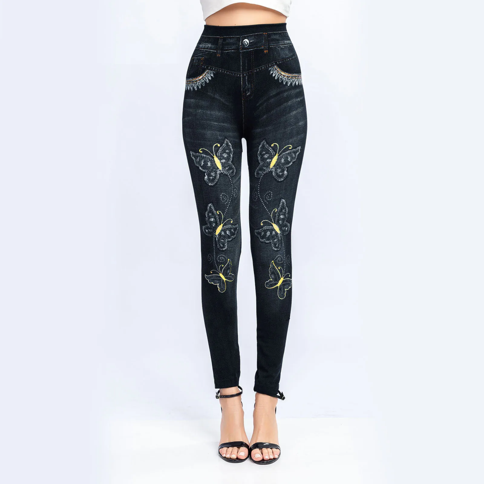 Leggings de gymnastique sexy pour femmes, taille haute, élastique, imprimé papillon, pantalon crayon, faux denim, collants féminins, pantalon de randonnée, nouveau design