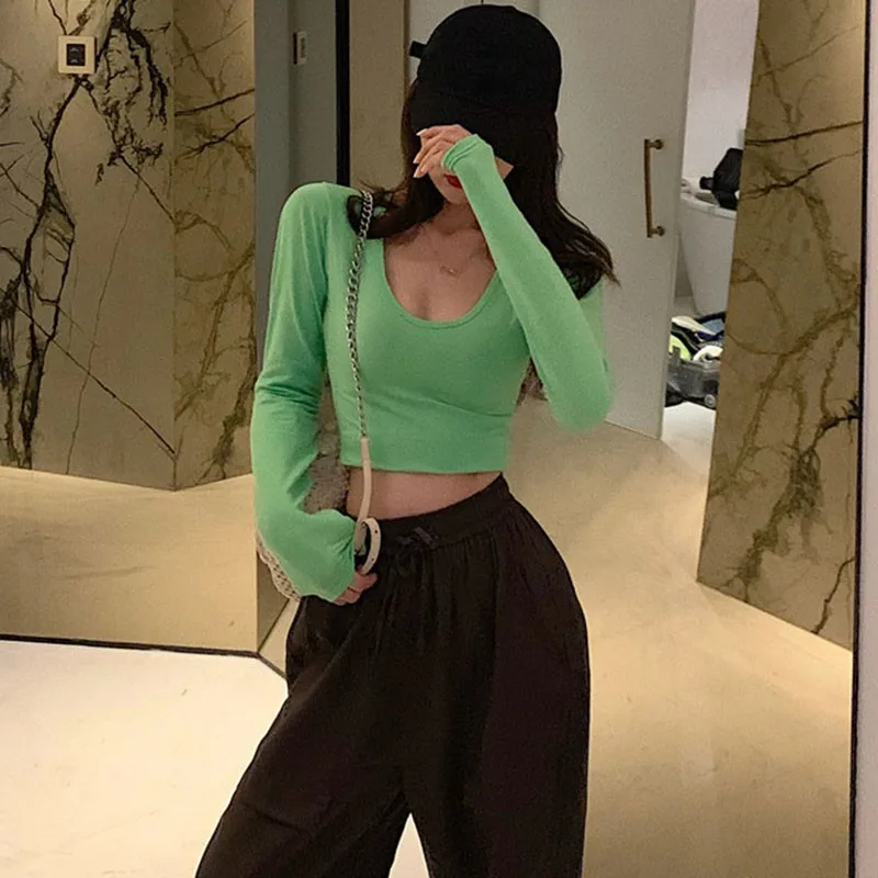 Exposure Navel T-shirt Korean Version Of Solid Color U-neck Long-sleeved T-shirt Sexy Slim Shirt