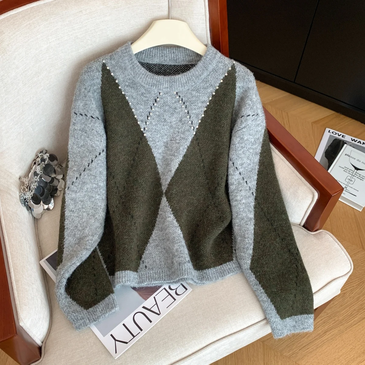

Women's Grey Knit Pullover Patchwork Sweater Vintage 2000s Elegant Long Sleeves Cashmere Sweater for Women Autumn Winter Clothes