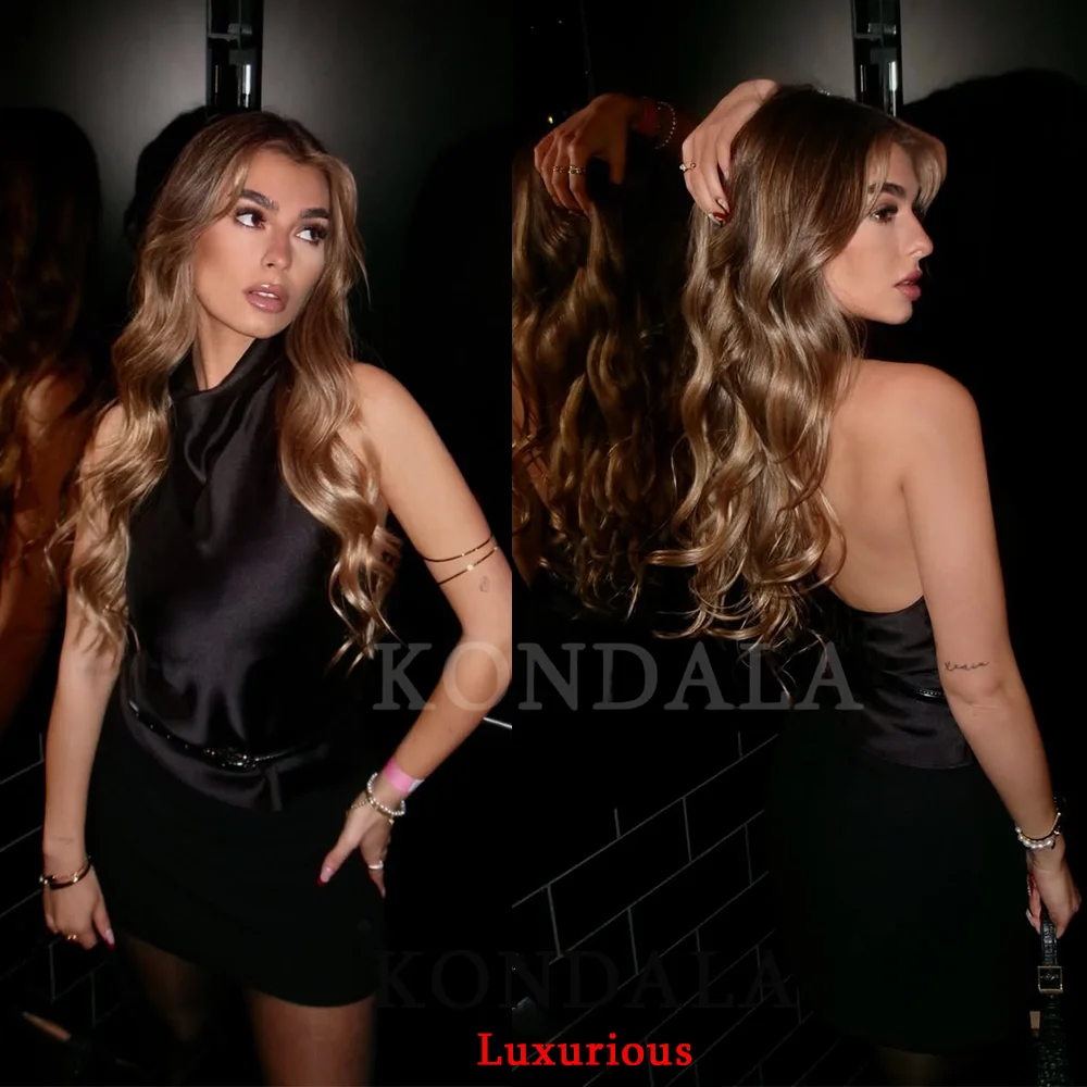 KONDALA مثير شيك زبدة الأصفر بلوزات من الساتان المرأة الرسن عارية الذراعين عطلة الشاطئ حفلة قمة الموضة 2025 السنة الجديدة مساء بلوزة من الساتان