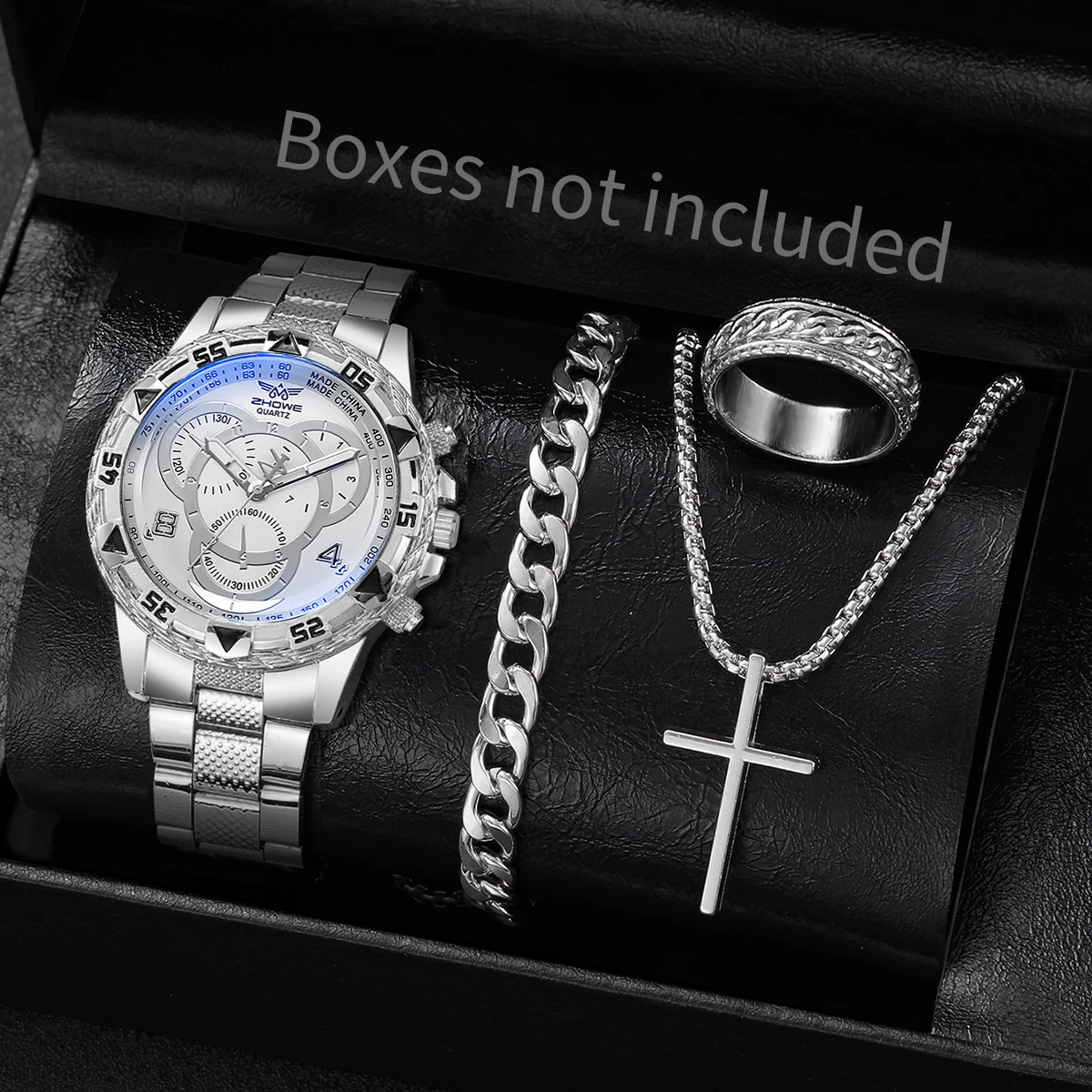 4 ピース/セット高級メンズビジネス腕時計ファッションラージダイヤルクォーツ腕時計ジュエリーセットリロイ Hombre (箱なし)