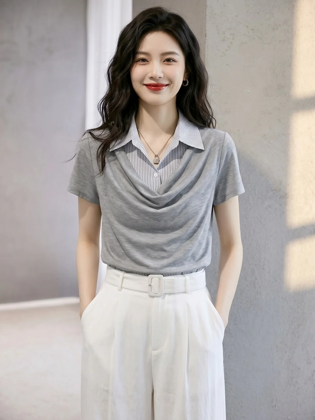 

Summer 2026 Slimming Short Sleeve T-Shirt Trendy Fashion Versatile Design False Two-Piece Top Korean Style Straight Cut Splice