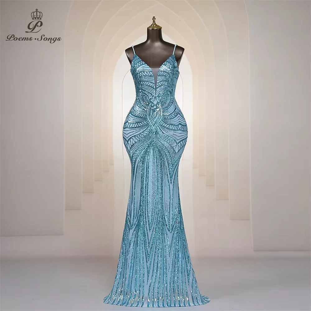

Customized Sexy V-neck Blue sky Mermaid Evening Dress For Women Prom Dresses Maxi dress Party dress Evening gowns robe de soiree