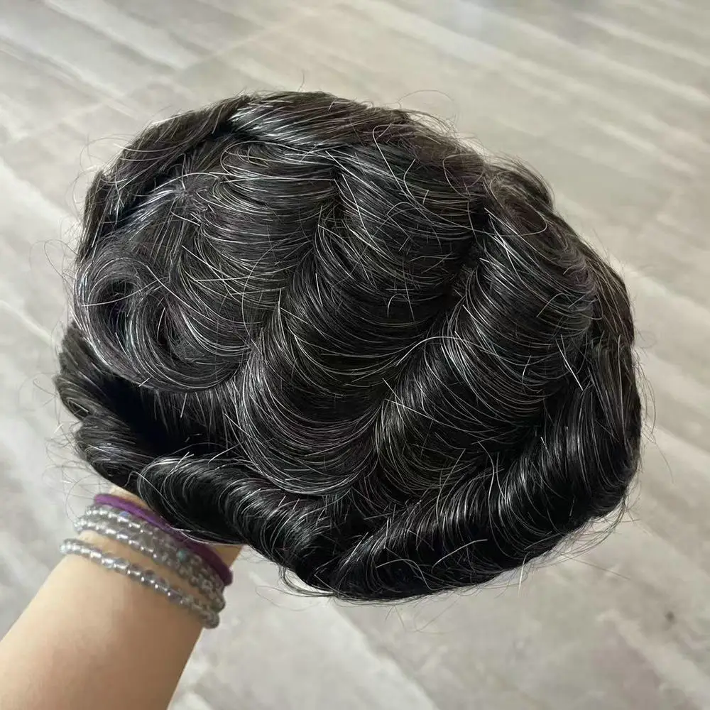 Natürliche Haarlinie Herren-Toupet Dunkelbraunes Echthaar Langlebige Dünne Haut PU-Basis Männliche Perücken Grau Schwarz Haarsystem Prothese – Detail 4