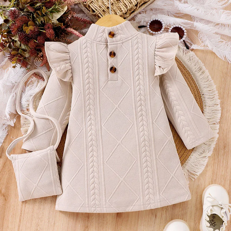 2024 New Autumn Baby Princess Dress High Neck Knit Sweater Dress Long Flare Sleeve Cute Dress with Bag