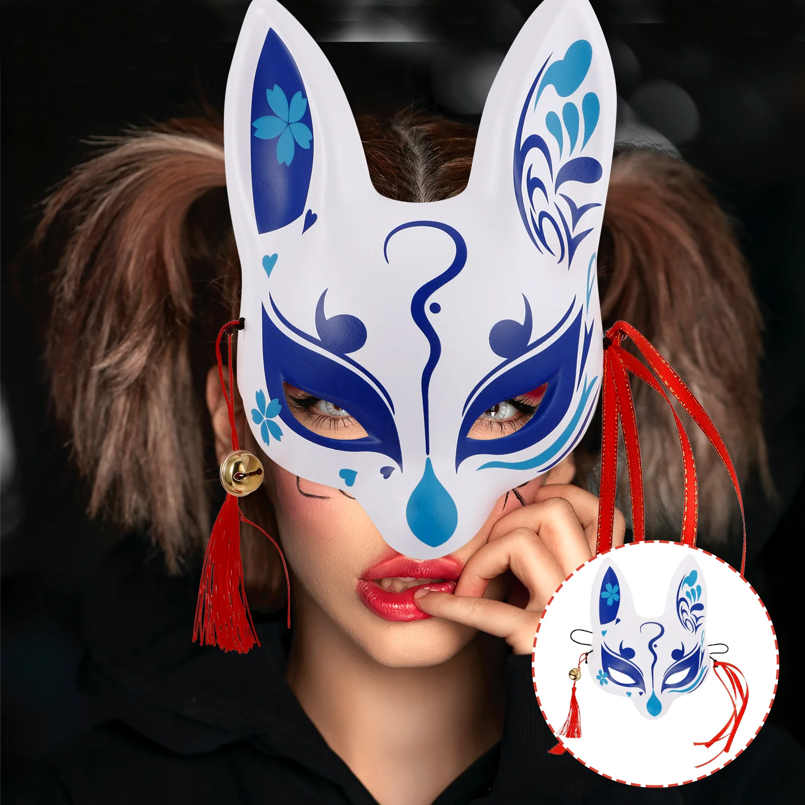 Mask Fox Demon Masquerade Animal Cherry Blossoms Half Facial for Cosplay Party Blue Japanese Style Foxes