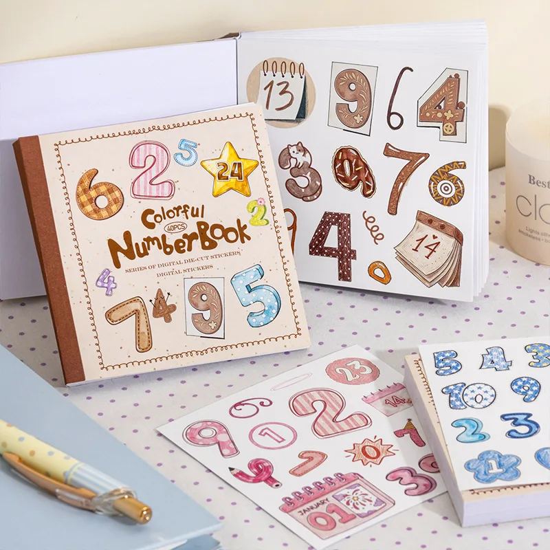 40pcs Per Pack Large Quantity Number Die-Cut Sticker Book Colorful Number Book Series Adhesive Journal Decoration Stickers