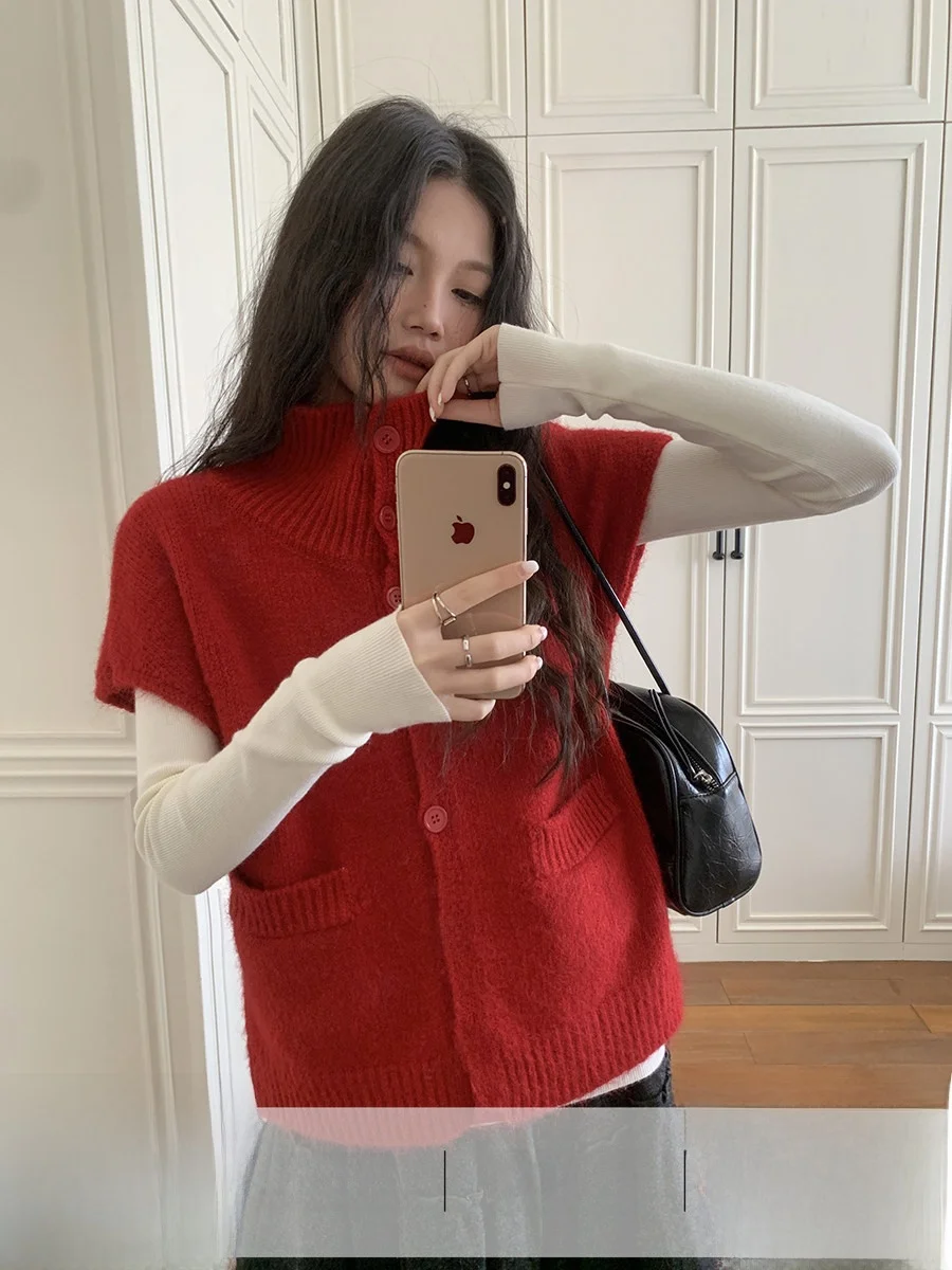 

Red Layered Sleeveless High Collar Women's Vest Top Linyunyun Korean Style Soft Knitted Casual Loose Fit Warm Daily Wear
