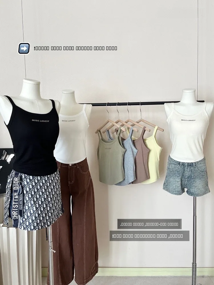 

Summer Letter Print round Hemline Women's Tank Top with Chest Pad Faionable Versatile ort Length Commute Sle Vest