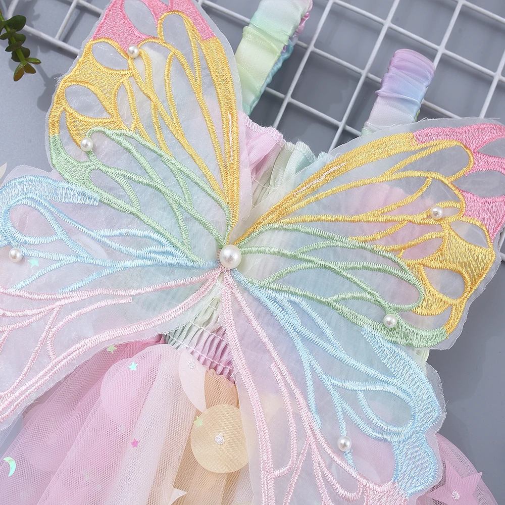 Summer New Baby Girl Dress Girls\' Strap Colorful Mesh Butterfly Wings Beach Birthday Party Princess Dress 0-3 Years