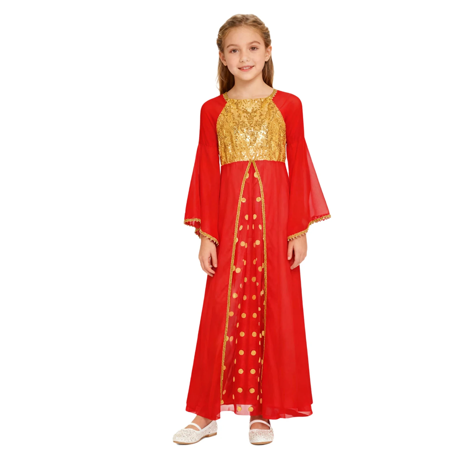 

Renaissance Ancient Rome Angel Princess Role Play Costume Sequins Long Gown Flare Sleeve Flowy Chiffon Dress Carnival