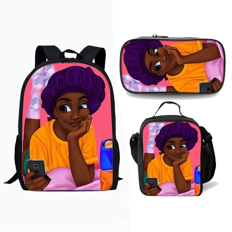 

African Girl Student School Bags, Backpack For Laptop, Student Lunch Bag, Pencil Case, Popular Harajuku, 3D Print, New, 3Pcs per