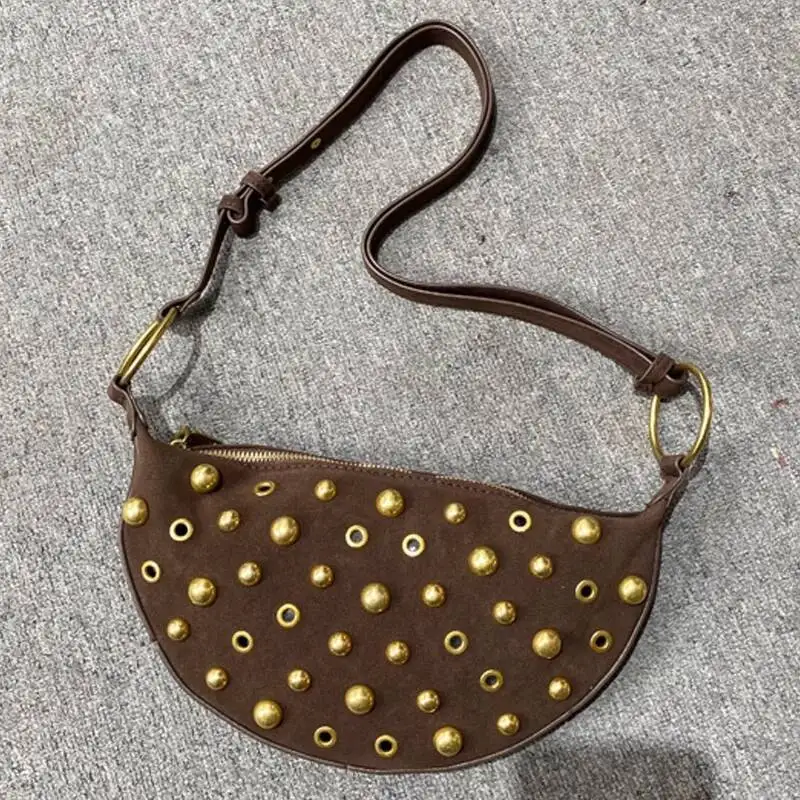 Designer Studded Crescent 2025 New Women's Metal Underarm High-End Retro Rivet Polka Dot Shoulder Bag