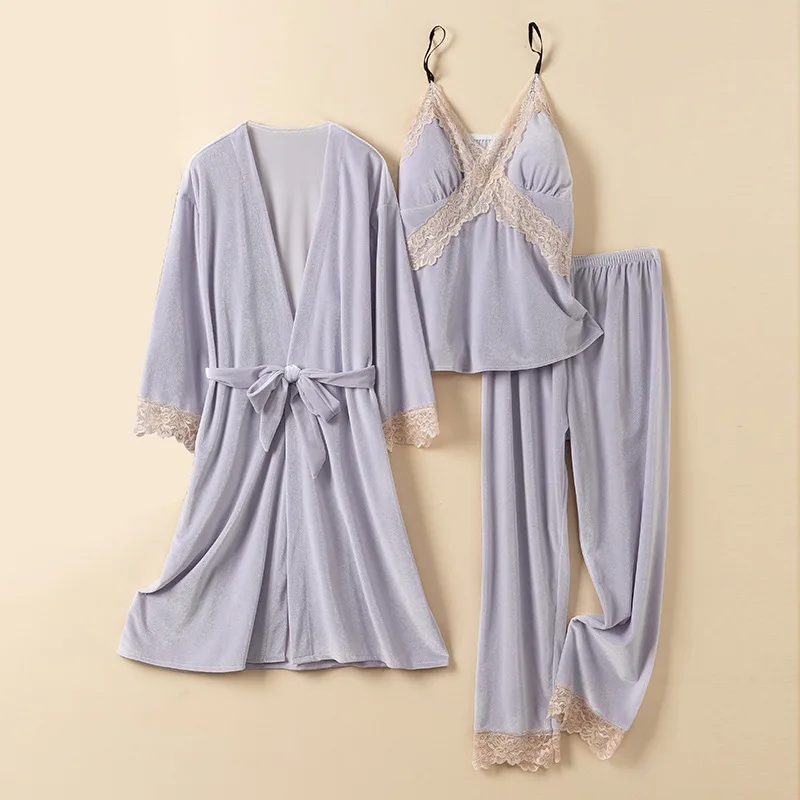 Ensemble de pyjamas en velours trempé pour femmes, vêtements de maison, vêtements de salon, kimono, peignoir, robe, vêtements de nuit, automne, hiver, adt, 3 pièces