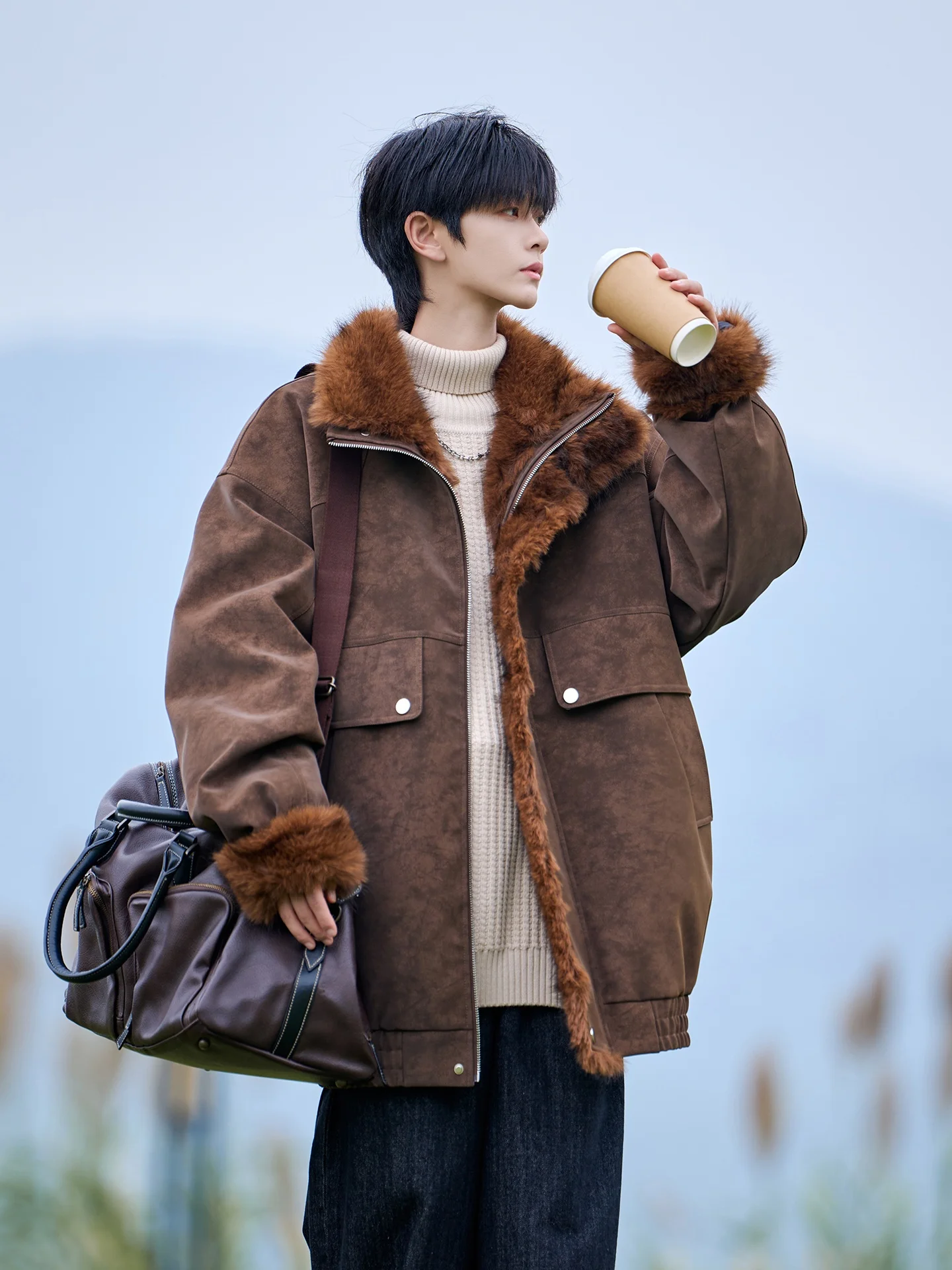 

Мужская зимняя куртка из искусственной кожи в американском ретро-стиле, утепленная, с меховым воротником, брендовая, модная, стильная