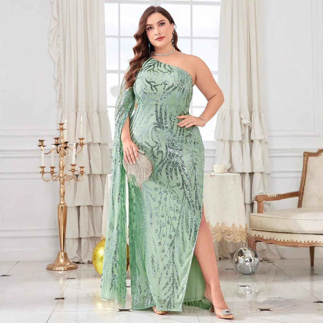 مثير كبير الحجم المرأة طويلة واحدة oulder مائل طوق مساء الدكتور تألق ثوب مسائي Ele عالية الخصر Bodycon تنورة