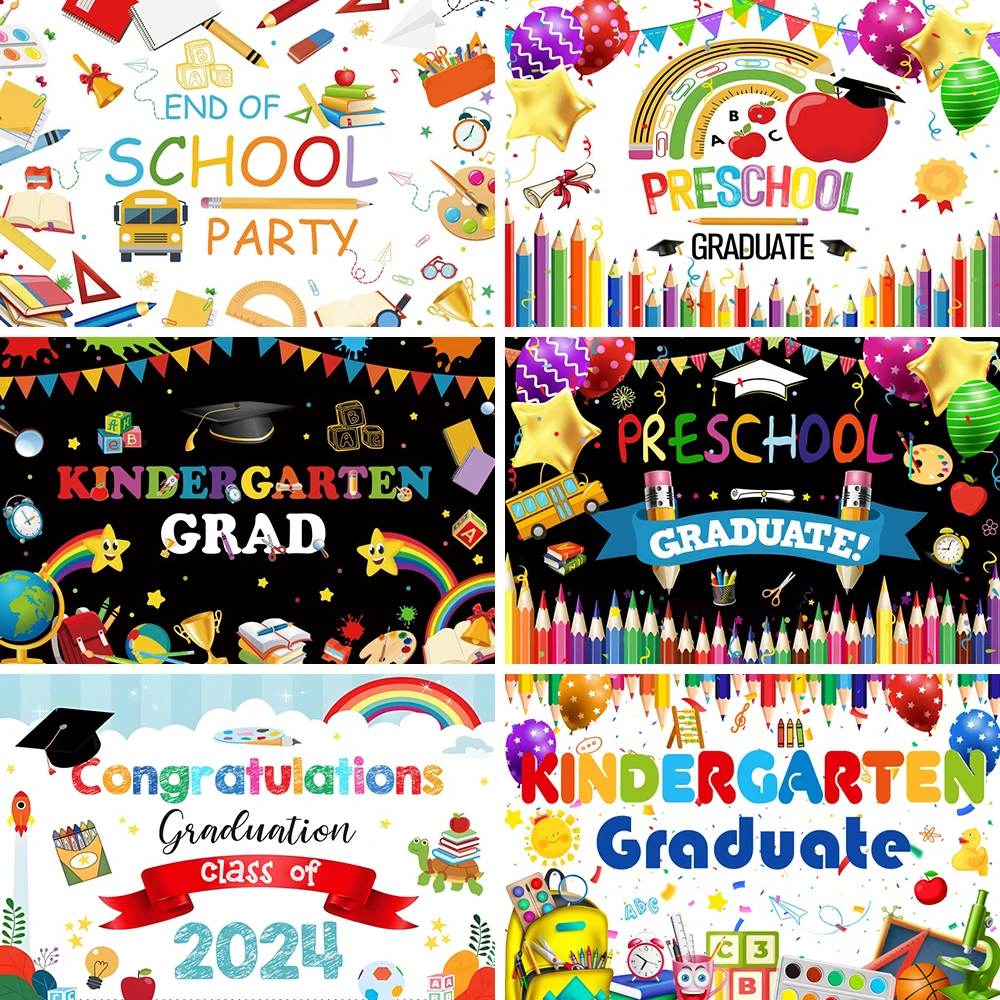 Kids Kindergarten Graduation Party Children Cartoon Balloons Colourful 2024th Graduation Photography Background Photo Booth Prop