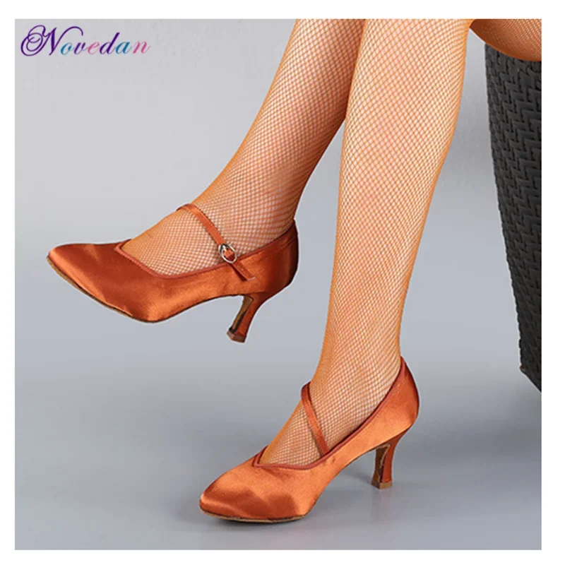 Women Standard Dance Shoes Tan Satin High Low Heel Ladies Ballroom Dance Shoes Soft Outsole Modern Dance Shoes