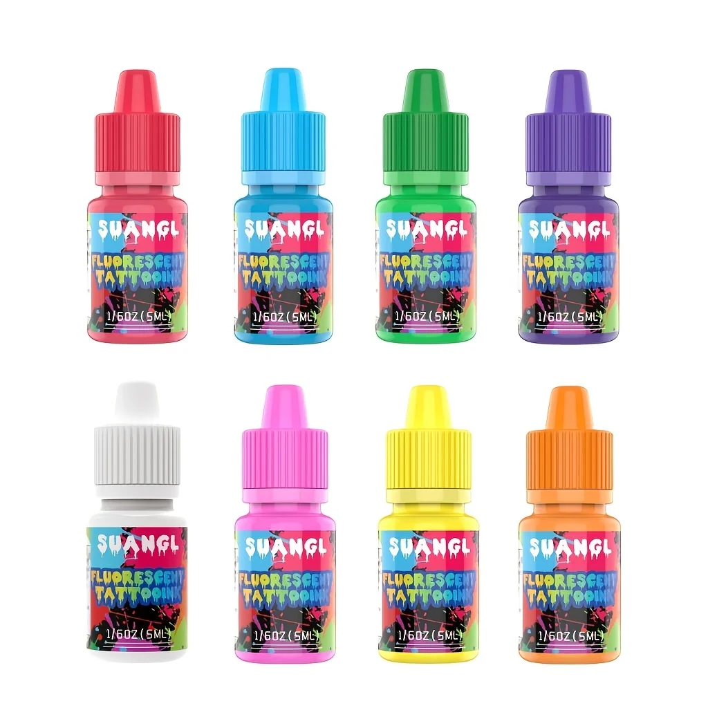 Ensemble d'encres de tatouage fluorescentes UV – 8 couleurs qui brillent sous la lumière noire, sûres et non toxiques, bouteilles de 5 ml.