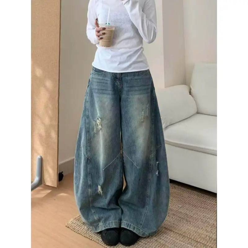 Vintage Blue High Waist Ripped Wide Leg Women Jeans Pants Loose Stylish Slimming Sweeping Trousers