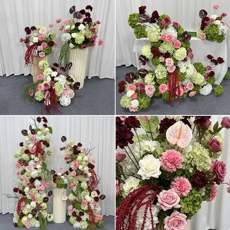 Red Pink Green Artificial Flower Arrangement Set Wedding Backdrop Stand Decorative Floral Row for Event Party