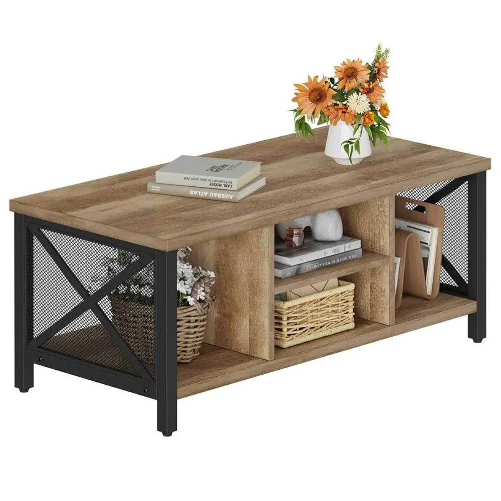 Coffee Table For Living Room, Rustic Wood Center Table With Shelves, Farmhouse Rec Cocktail Tea Tables (Rustic Oak)