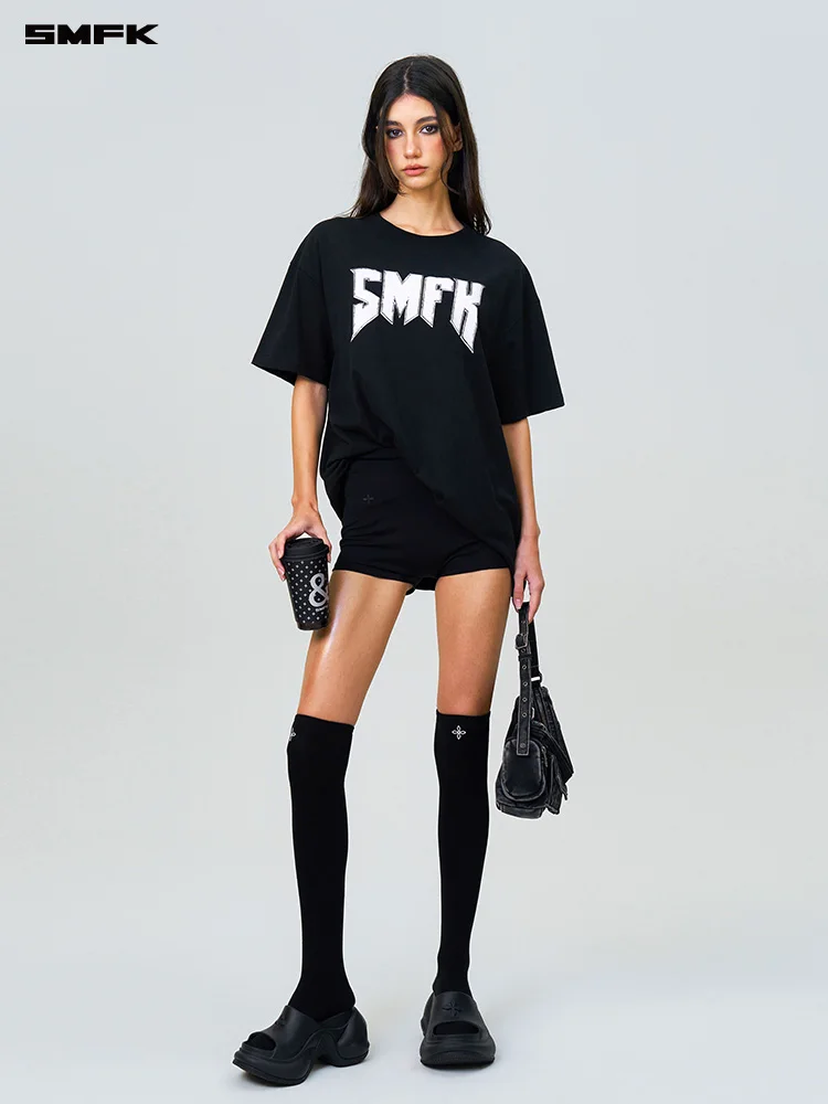 SMFK  Letter Printing T-Shirt Metal Rock Vintage Short Sleeve Women and Men Couple Sports Tops Summer Casual Wide Body Tees