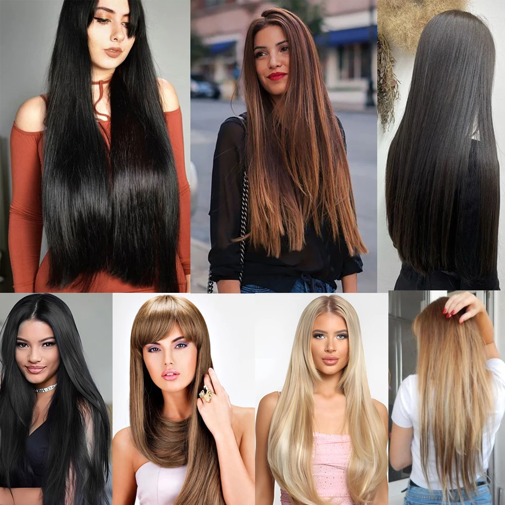 Extensiones de Cabello sintético para mujer, 16 clips, largo, 75Cm, 30 pulgadas, liso, negro, marrón, 6 unids/set, postizo grueso