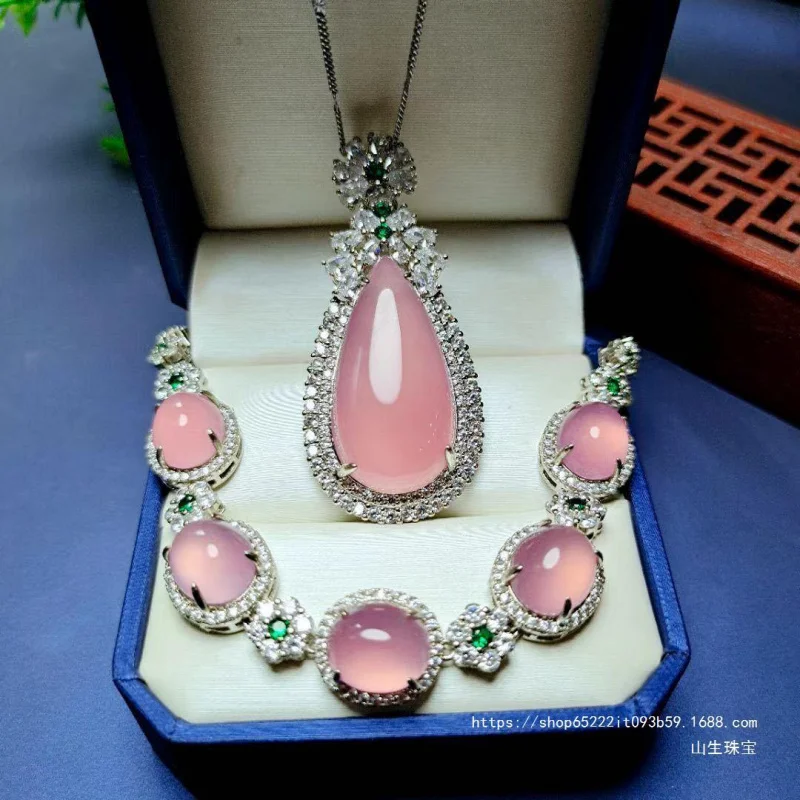 Full Inlaid-like Pink Agate Chalcedony Drop Pendant Suit Jade Pendant Bracelet Two-Piece Set