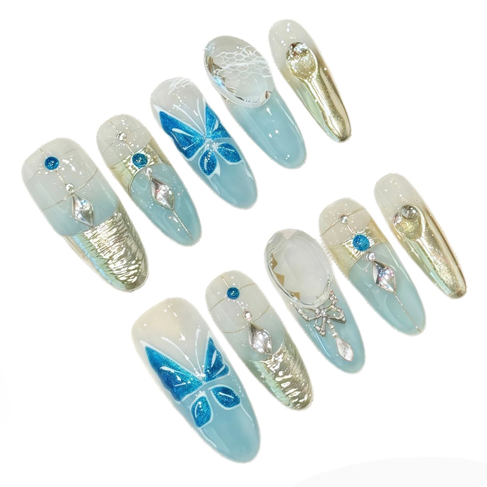 10 Uds. De uñas postizas hechas a mano con gradiente transparente de hielo, decoración de mariposa azul, uñas postizas largas de almendra fresca de estilo francés