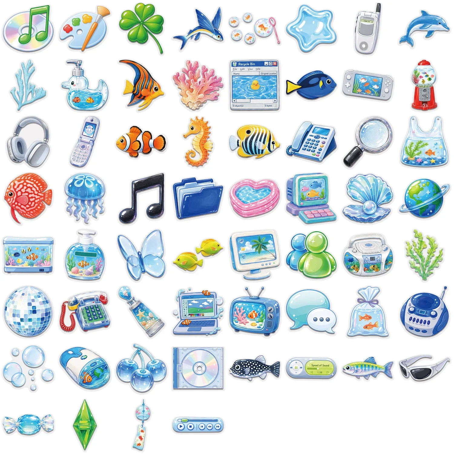 50Pcs Blue Clear Y2K Aesthetic Stickers, Waterproof Cute Graffiti Decals, DIY Decor for Phone Bike Notebook