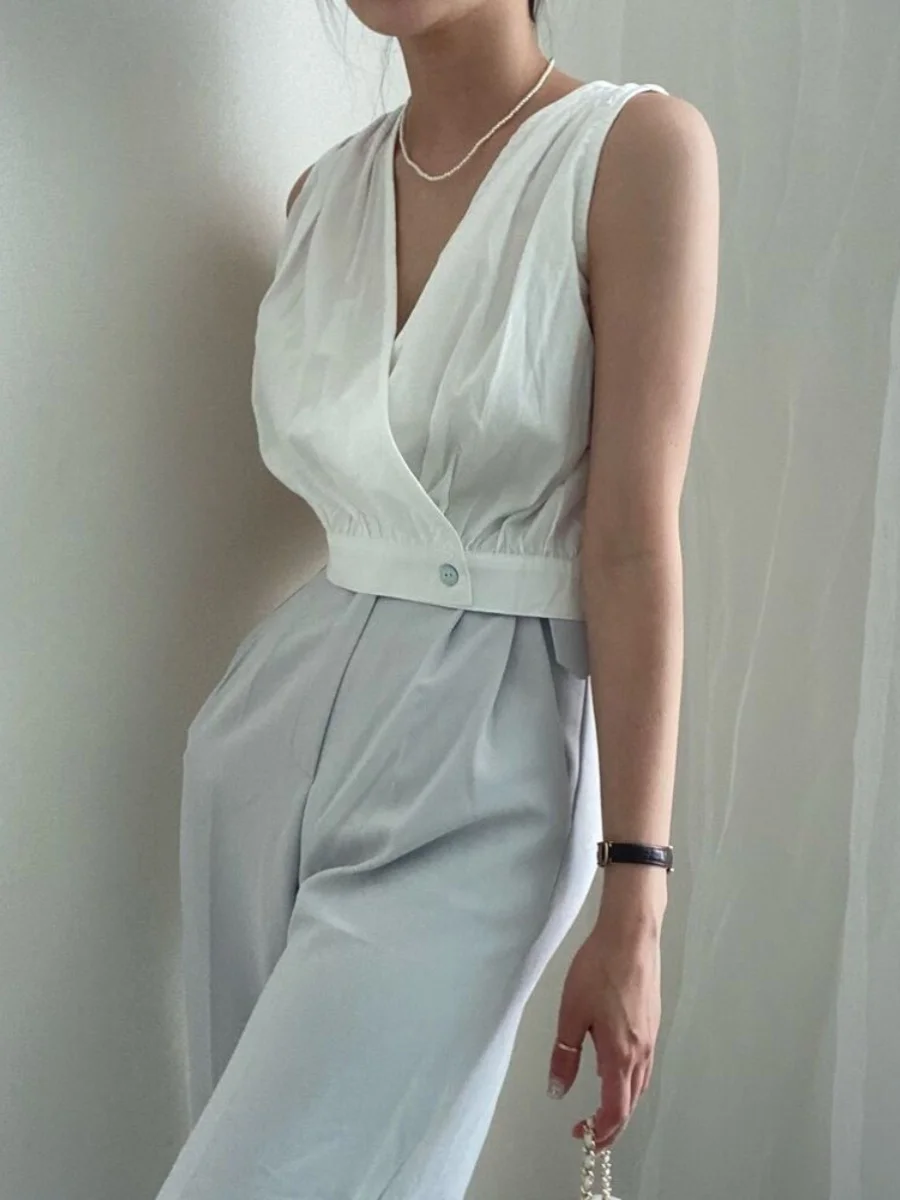 

Ele ort V-Ne-Button Design irt Chic Summer Simple Quali Crossed Women's Vest Top Faionable Pleated Versatile
