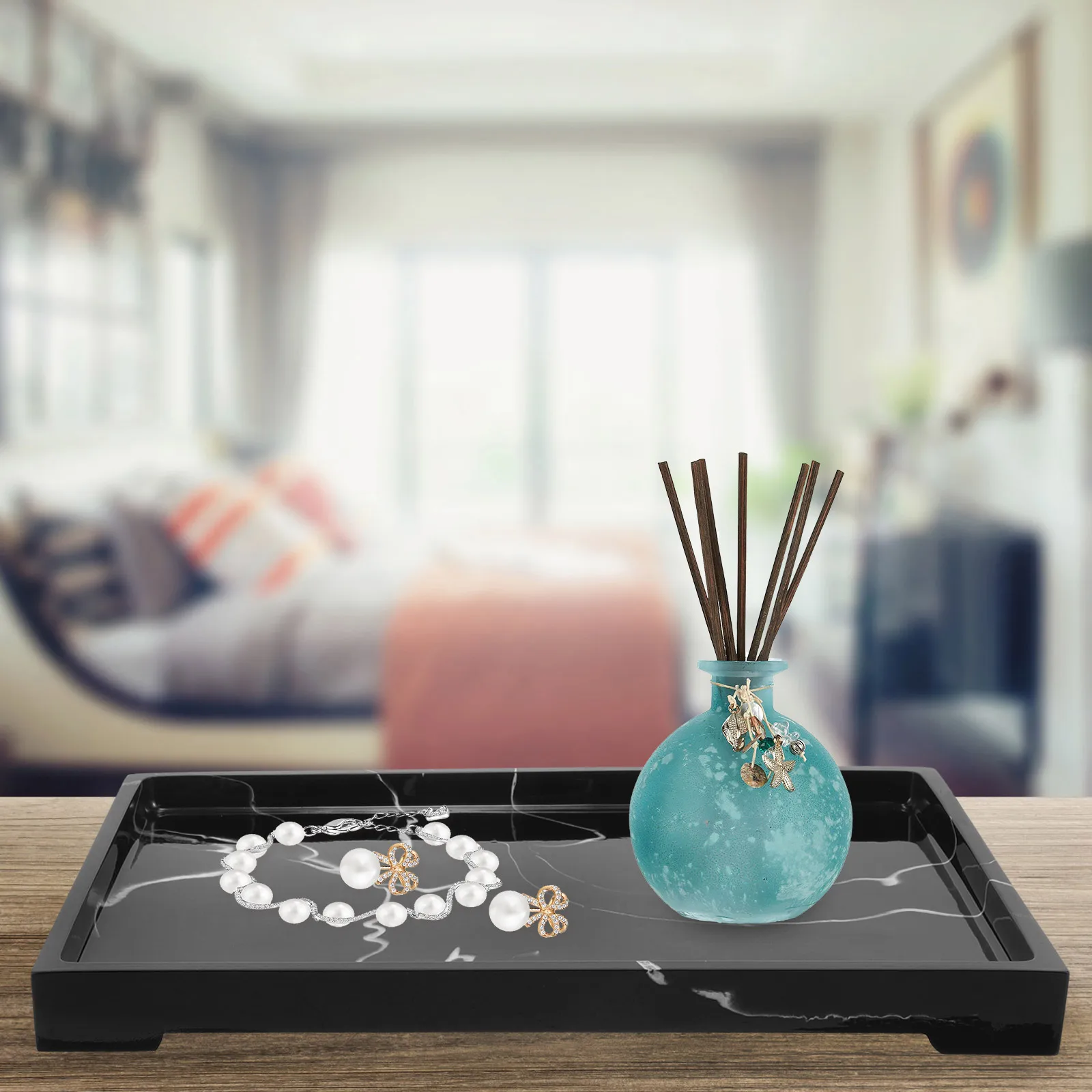 

Marble Tray Black Decorative Resin Bathroom Vanity Counter Holder Smooth Surface Cleaning Easy Storage ganizing Perfume