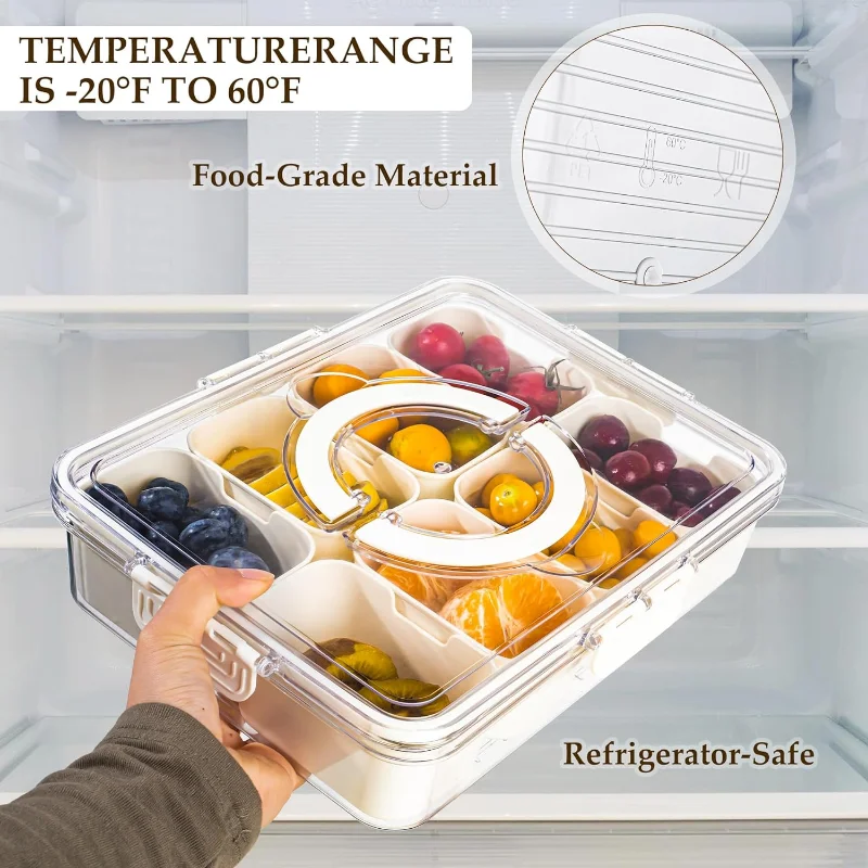 

Portable 8 Compartments Divided Serving Tray with Lid Veggie Tray Snack Box Food Container for Biscuits, Candy, Fruits, Nuts