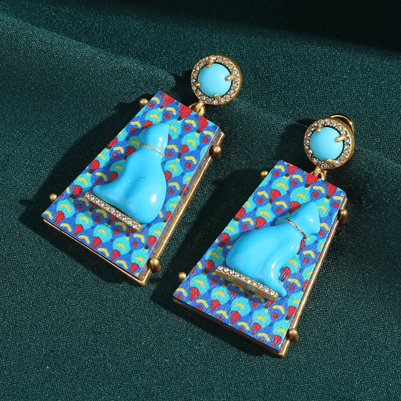 

Vintage Blue Enamel Cat Drop Earrings Luxury Designer Rhinestone Gold Color Accessories Women Quality Jewelry 2025 Trends