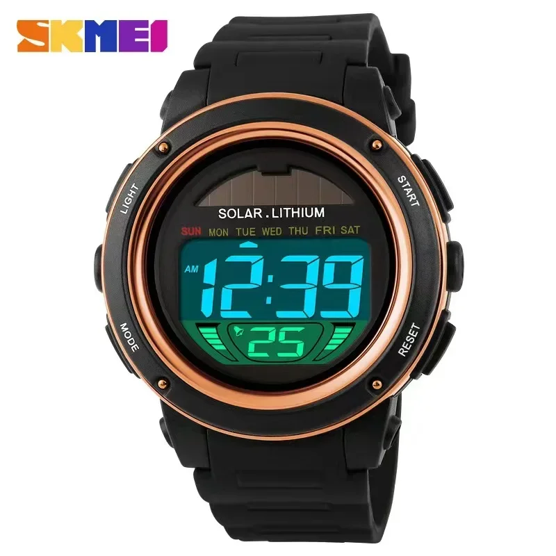 Skmei Men Solar PU Strap Wristwatches Mens Chronograph Alarm 5Bar Waterproof Digital Watch Reloj Hombre Outdoor Sport Watch 1096