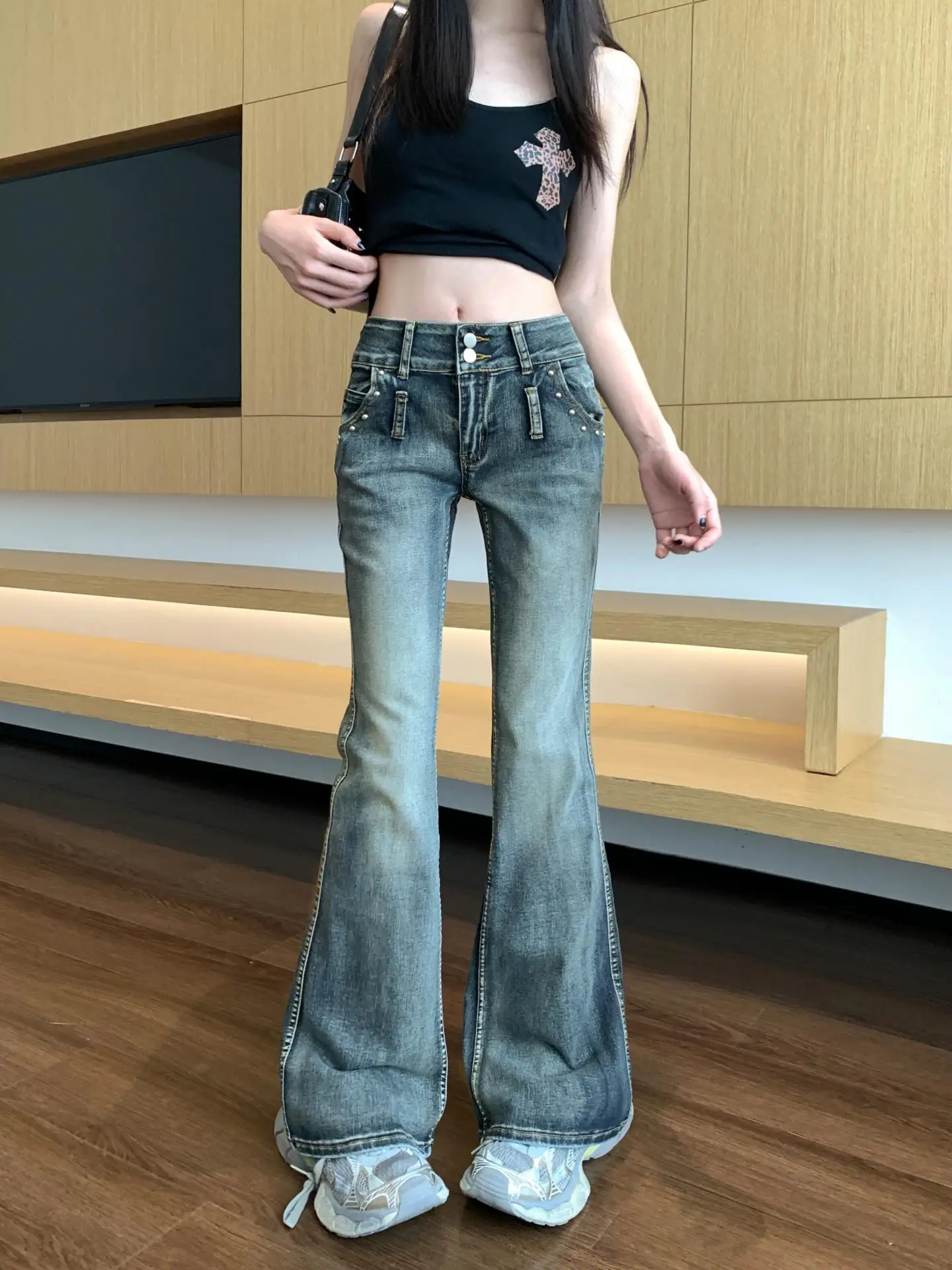 

Retro Low Waist Bell Bottom Jeans Women's Fashionable Casual Summer 2026 Chic Trendy Patchwork Versatile Long Pants