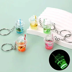 Creative Luminous Grape Lemon Fruit Milk Tea Cup Keychain Fashion Bubble Tea Cup Key Ring Women Girls Car Bag Phone Pendant