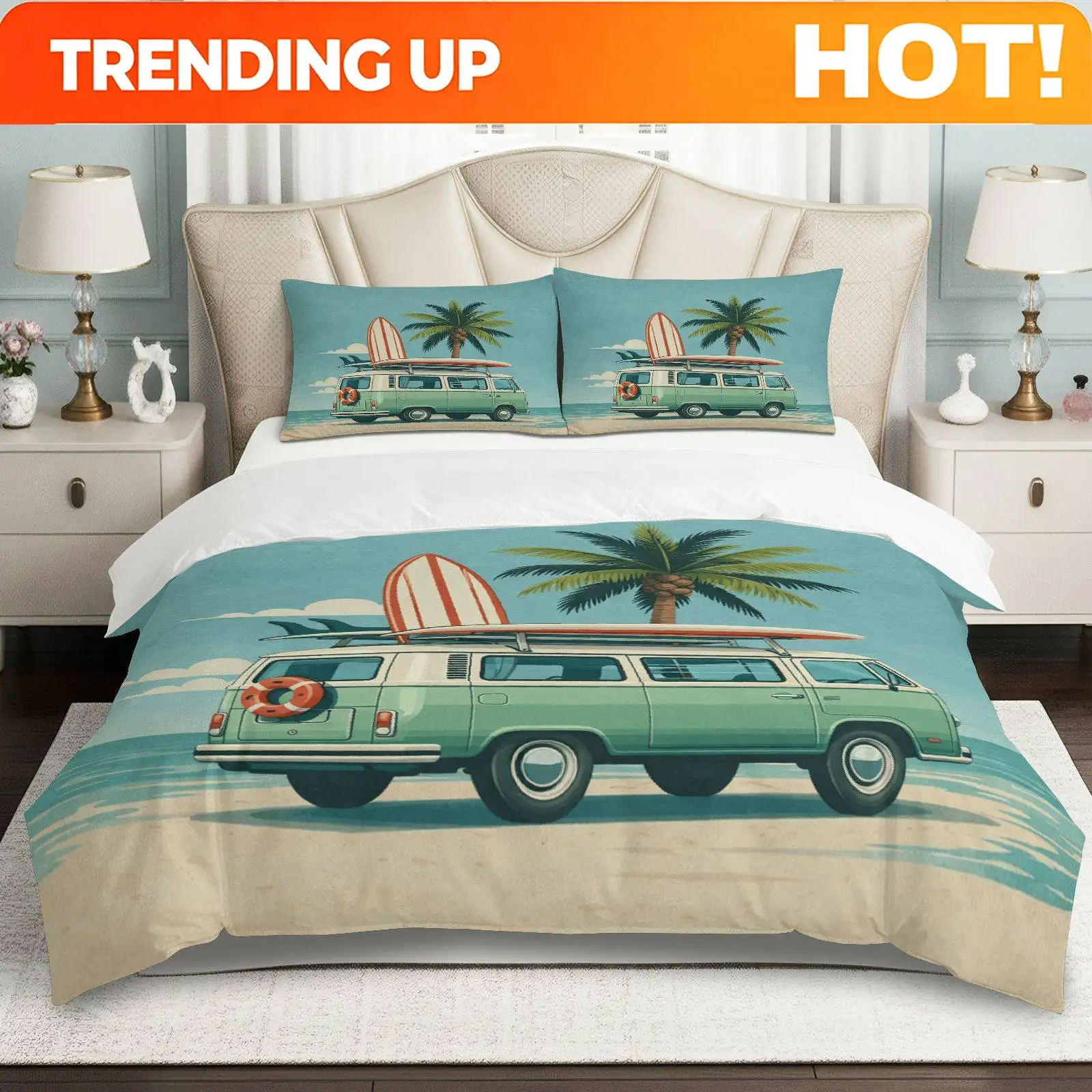 Customize 3pcs Duvet Cover Set, 1 Duvet+2 Pillowcases( Without Filler), Retro Beach Surfing Van Palm Theme, Summer Bedding, Vint
