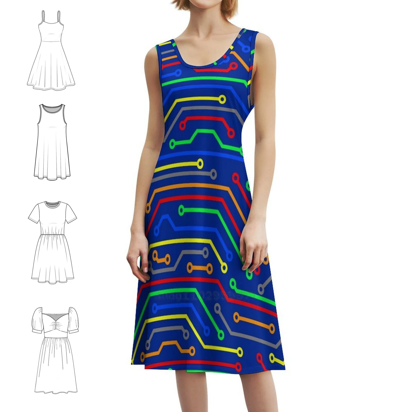 

Colorful Pcb Printed Circuit Board Trace Lines Art Korean Style Casual Dress For Women Simple Daily Office Lady Dresses Pcb