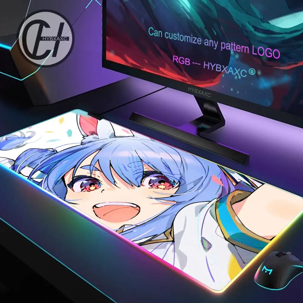 

Коврик для мыши HYBXAXC Kawaii Girl RGB, игровой коврик для мыши, настольный коврик HD для геймеров, большой светодиодный коврик XXL 90X40CM, Hololive Usada Pekora