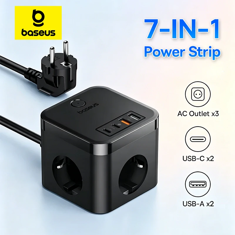 Baseus 7-in-1 EU-Steckdosenleiste 30W GaN Schnellladegerät mit 3 AC-Steckdosen, 2 USB-A und 2 Typ-C PD-Ladeanschlüssen