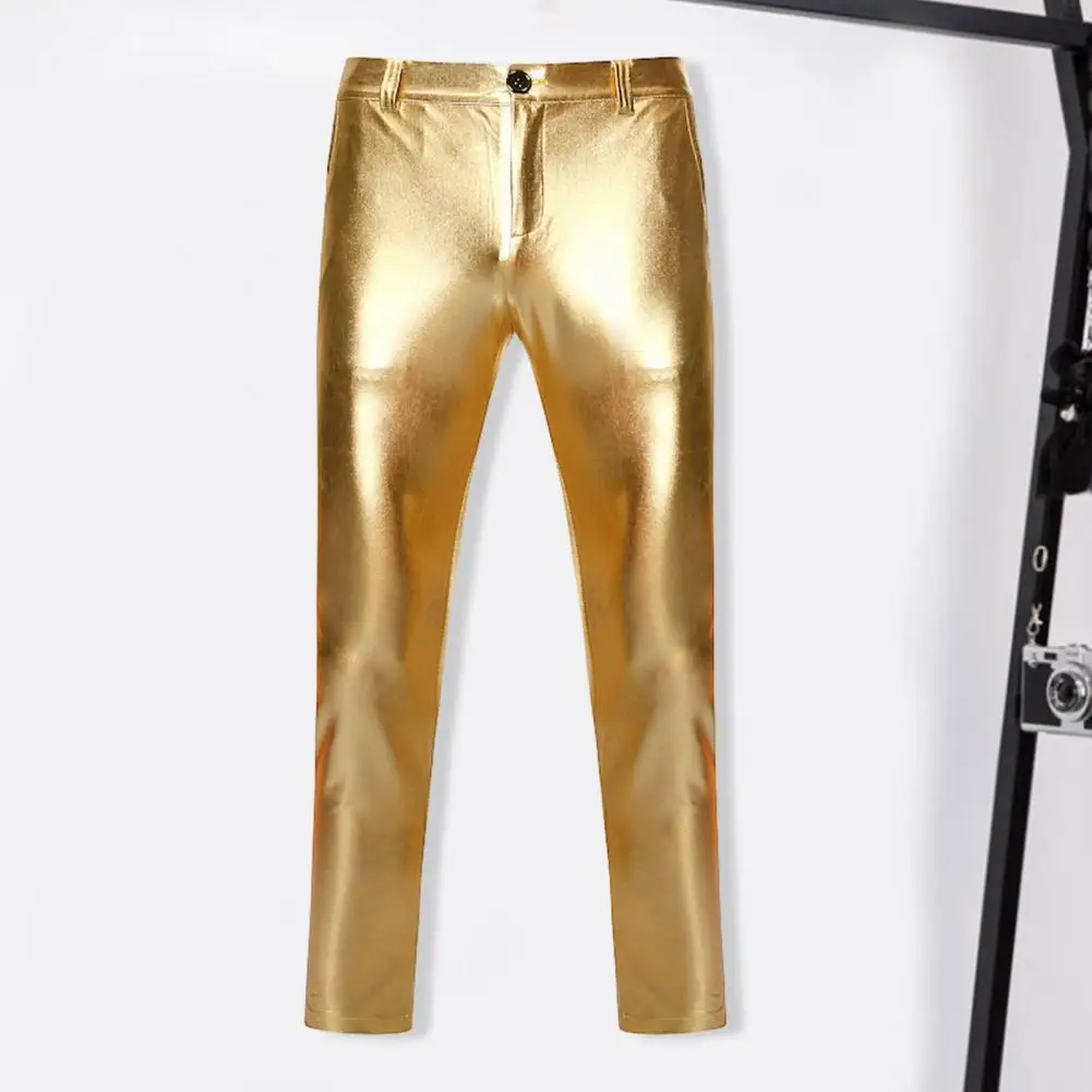 Motorcycle PU Leather Pants Men Brand Shiny Gold Coated Metallic Pants Trousers Nightclub Stage Perform Pants for Singers